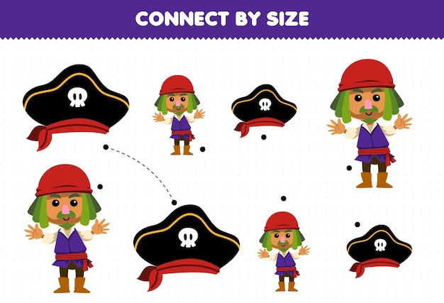 子供向けの教育ゲームは、かわいい漫画の男と帽子の印刷可能な海賊ワークシートのサイズで接続します
