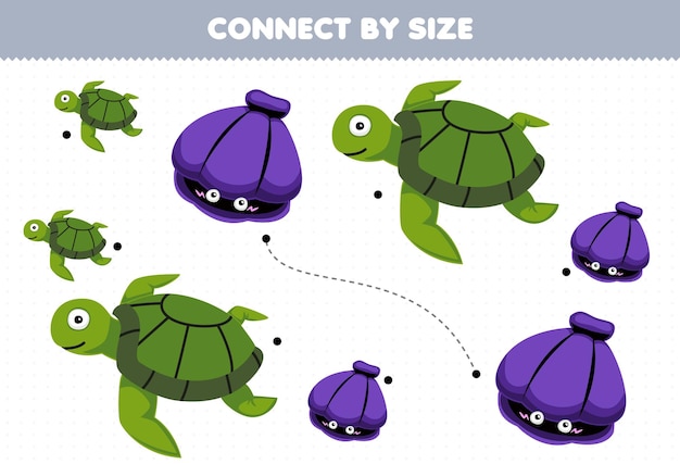 Образовательная игра для детей, соединяющая по размеру симпатичную мультяшную черепаху и лист для печати под водой