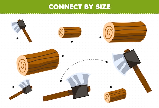 Educational game for kids connect by the size of cute cartoon wood log and ax printable farm worksheet