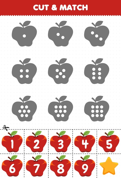 Gioco educativo per bambini, conta i punti su ogni sagoma e abbinali al foglio di lavoro stampabile con i frutti di mele numerati corretti