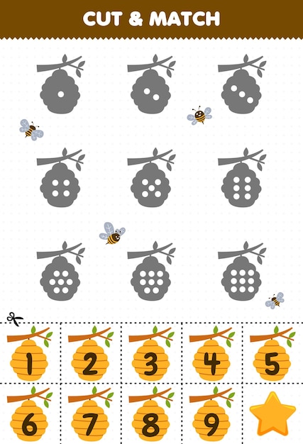 Educational game for kids count the dots on each silhouette and match them with the correct numbered beehive printable farm worksheet