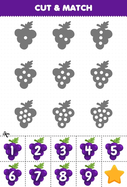 아이들을 위한 교육용 게임은 각 실루엣의 점을 세고 정확한 번호가 매겨진 포도 과일 인쇄용 워크시트와 일치시킵니다.