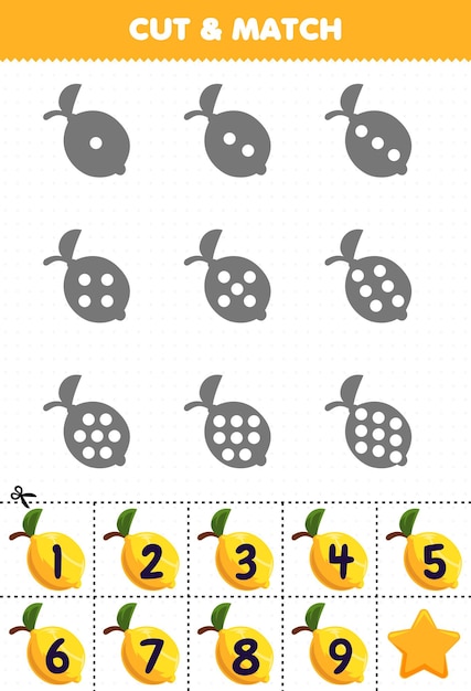 Educational game for kids count the dots on each silhouette and match them with the correct numbered lemon fruits printable worksheet