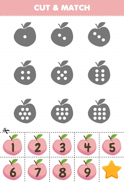 Educational game for kids count the dots on each silhouette and match them with the correct numbered peach fruits printable worksheet