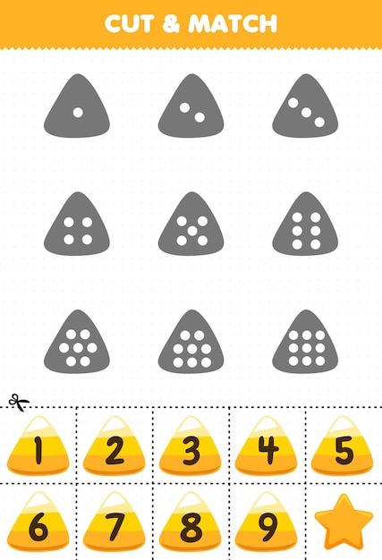 아이들을 위한 교육용 게임은 각 실루엣의 점을 세고 올바른 번호의 노란색 옥수수 사탕 할로윈 인쇄용 워크시트와 일치시킵니다.