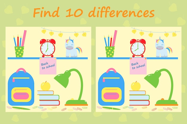 Educational game for kids Find 10 differences in the pictures Back to school