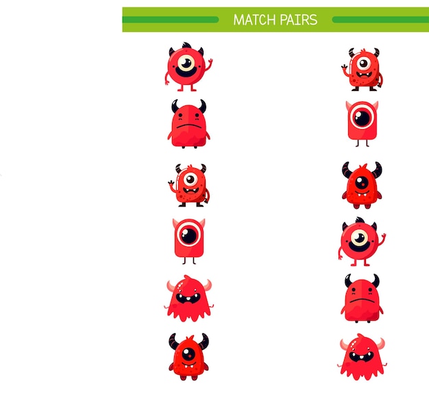 Educational game for kids Match pairs of cute monsters worksheet Matching activity for preschool