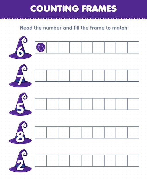 Educational game for kids read the number and fill the frames of cute cartoon purple wizard hat halloween printable worksheet