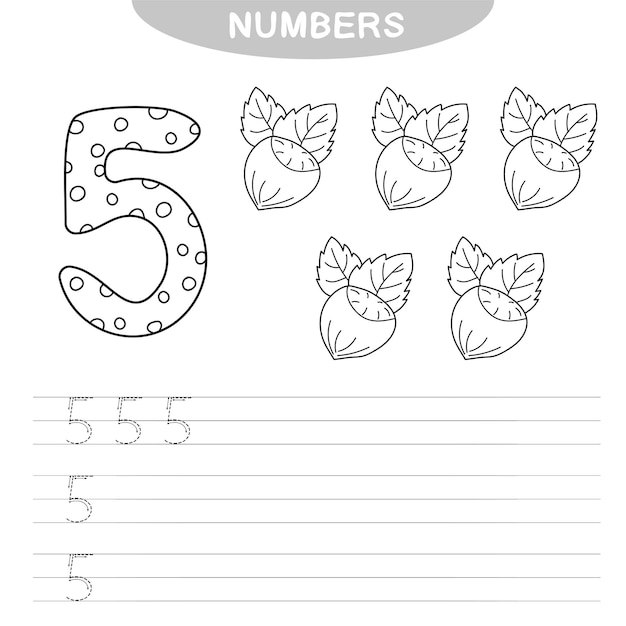 Educational game - Learning numbers. Coloring book for preschool children. Writing practice - printable worksheet for preschool. Number five