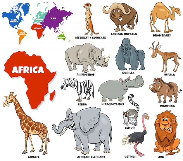 Vettore illustrazione educativa dell'insieme degli animali africani