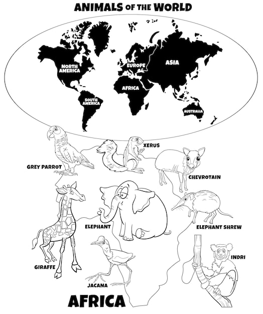 만화 아프리카 동물 색칠하기 책 페이지와 교육 그림