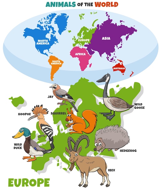 Educational illustration with cartoon European animals and world map