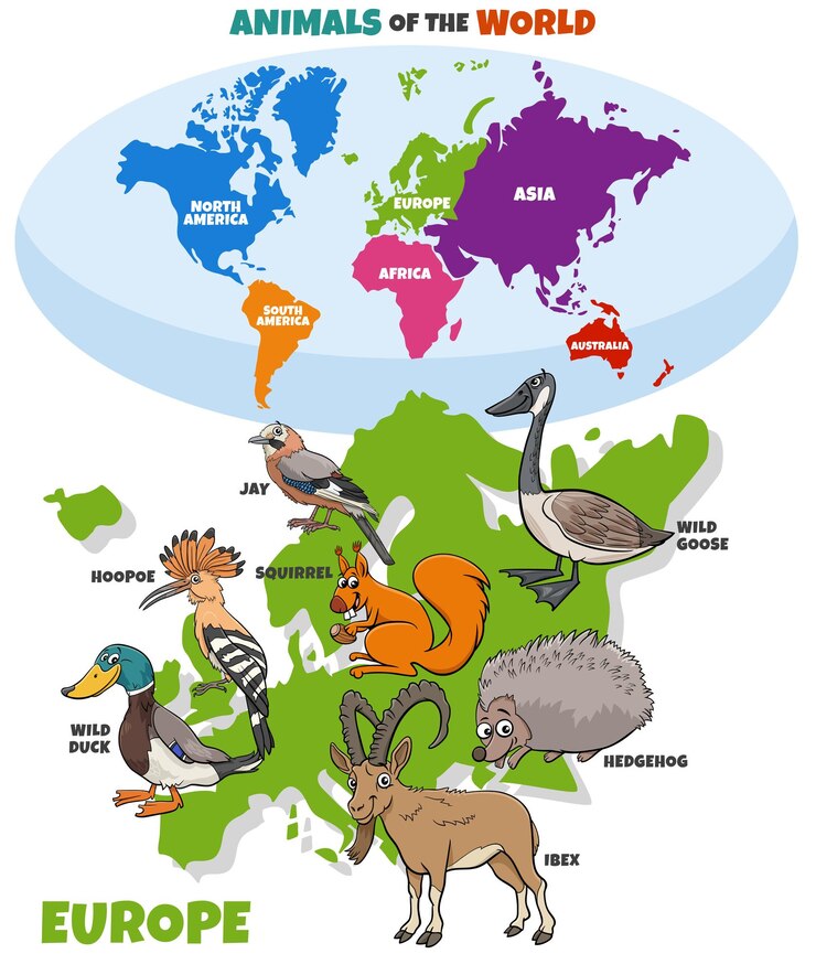 漫画のヨーロッパの動物と世界地図の教育イラスト