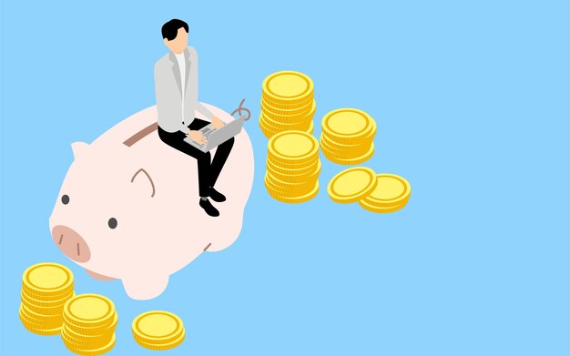 Educational image of money men and coins sitting in a piggy bank and touching a laptop isometric