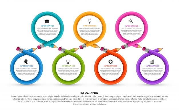 Образовательная инфографика с семью шагами и красочными карандашами.