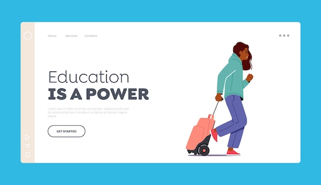 Educational is a Power Landing Page Template School Girl Walk with Schoolbag on Wheels Female Student Character