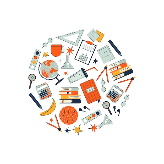 Vector educational items in a circle in a modern style