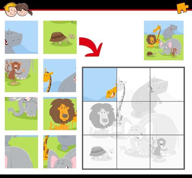 Vector educational jigsaw puzzle game with animals