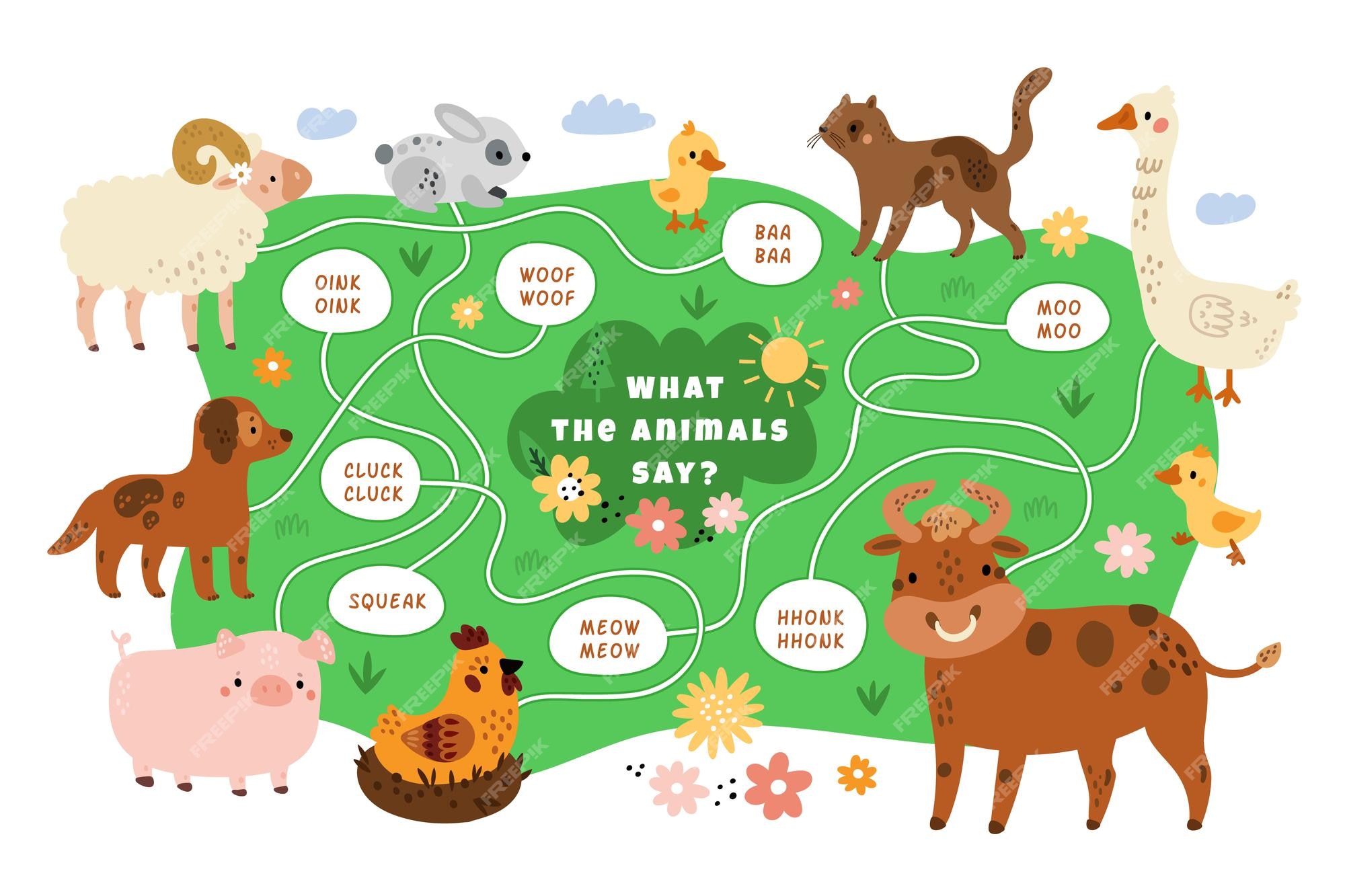 Premium Vector | Educational kids animals game different farm mammals sound  search pathway cartoon design of nursery puzzle baby funny playful learning  livestock and sayings matching vector cute challenge concept