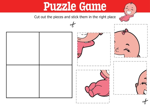 Gioco di puzzle educativo per bambini per tagliare e attaccare pezzi con il personaggio della bambina dei cartoni animati