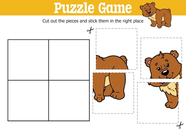 educational kids puzzle game to cut and stick pieces with cartoon bear character