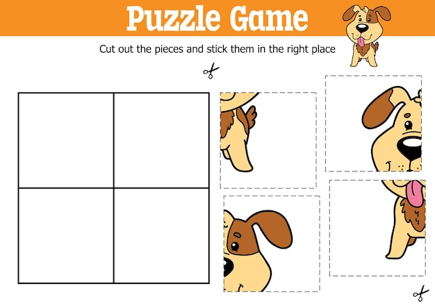 educational kids puzzle game to cut and stick pieces with cartoon dog character