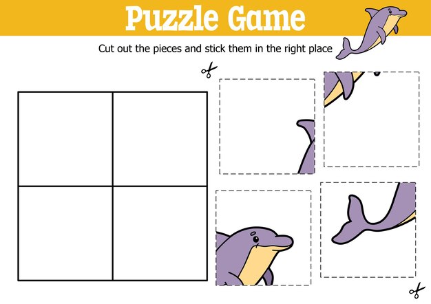 Gioco di puzzle educativo per bambini per tagliare e attaccare pezzi con il personaggio del delfino dei cartoni animati