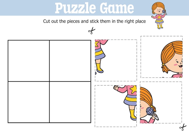 educational kids puzzle game to cut and stick pieces with cartoon girl character