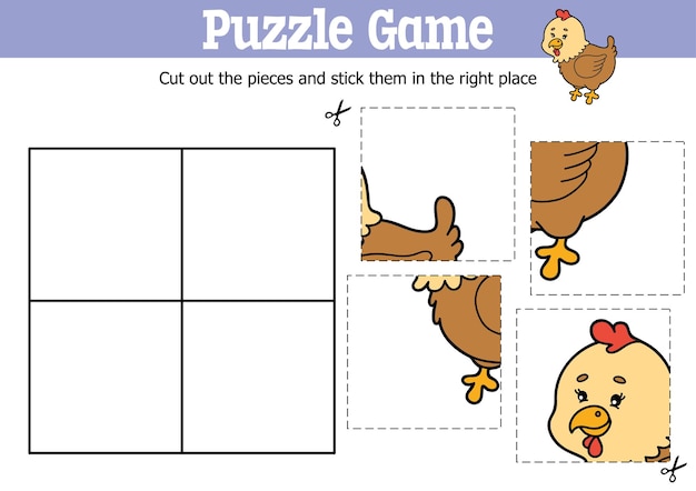 educational kids puzzle game to cut and stick pieces with cartoon hen character