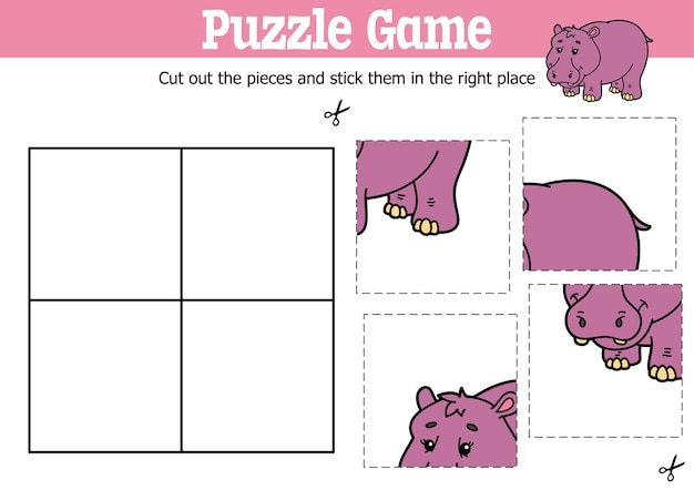 educational kids puzzle game to cut and stick pieces with cartoon hippo character