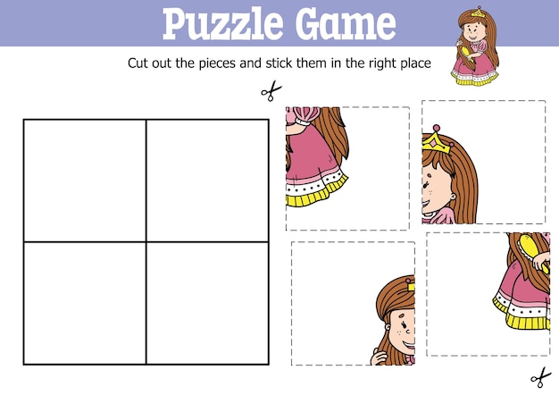 Gioco di puzzle educativo per bambini per tagliare e attaccare pezzi con il personaggio della principessa dei cartoni animati