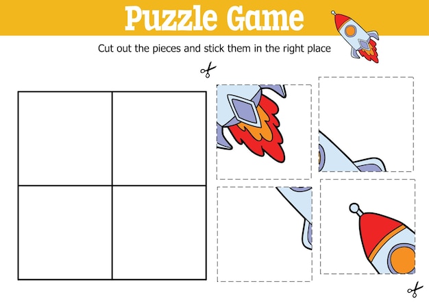 educational kids puzzle game to cut and stick pieces with cartoon rocket character