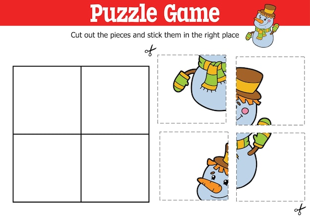 Educational kids puzzle game to cut and stick pieces with cartoon snowman character