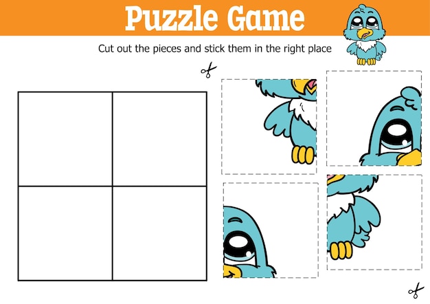 Gioco di puzzle educativo per bambini per tagliare e attaccare pezzi con il personaggio del passero dei cartoni animati