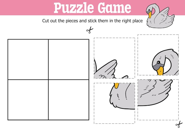 Educational kids puzzle game to cut and stick pieces with cartoon swan character