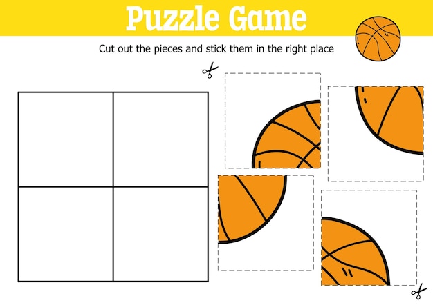 Educational kids puzzle game to cut and stick pieces with doodle basketball ball