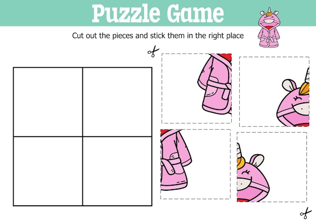 Educational kids puzzle game to cut and stick pieces with doodle bathrobe