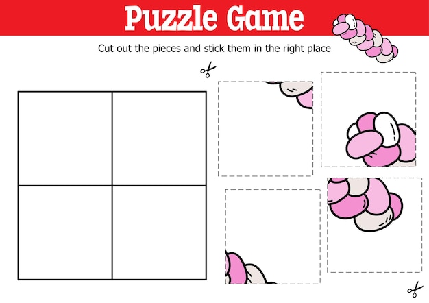 Educational kids puzzle game to cut and stick pieces with doodle braided pillow