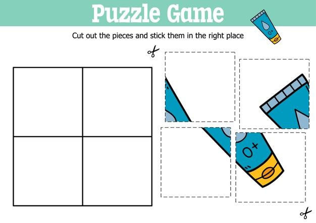 Educational kids puzzle game to cut and stick pieces with doodle cream