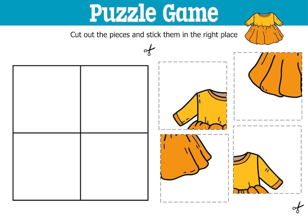 educational kids puzzle game to cut and stick pieces with doodle dress