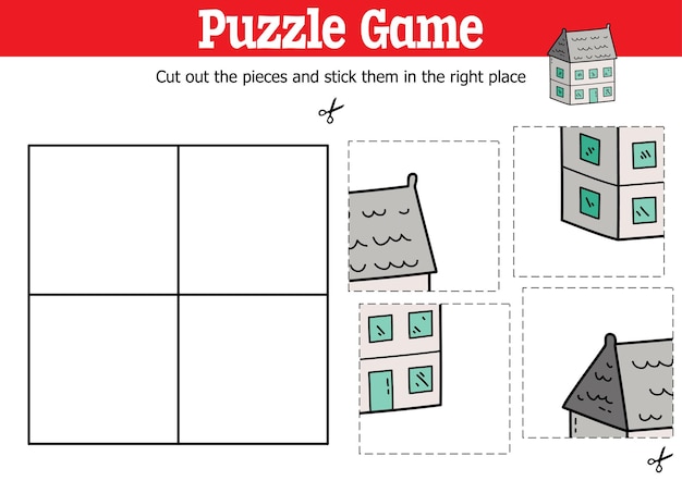 Gioco di puzzle educativo per bambini per tagliare e attaccare pezzi con la casa degli scarabocchi