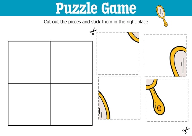 Educational kids puzzle game to cut and stick pieces with doodle mirror