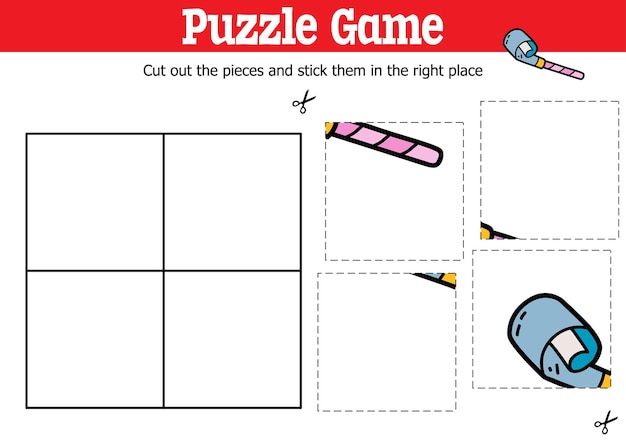 educational kids puzzle game to cut and stick pieces with doodle party pipe