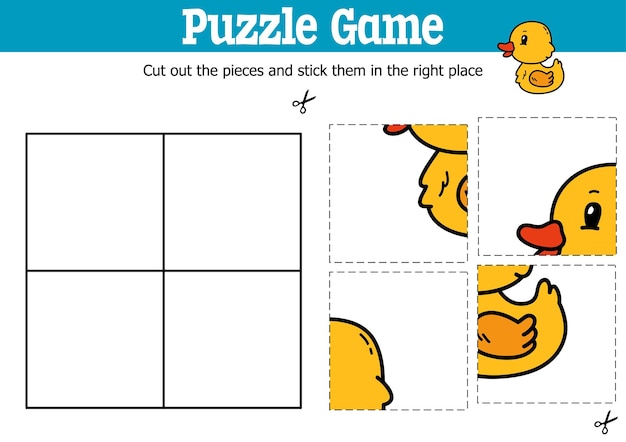 educational kids puzzle game to cut and stick pieces with doodle rubber duck