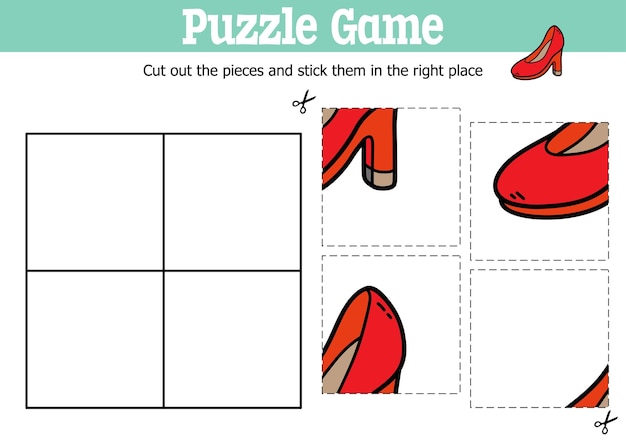 Educational kids puzzle game to cut and stick pieces with doodle shoes