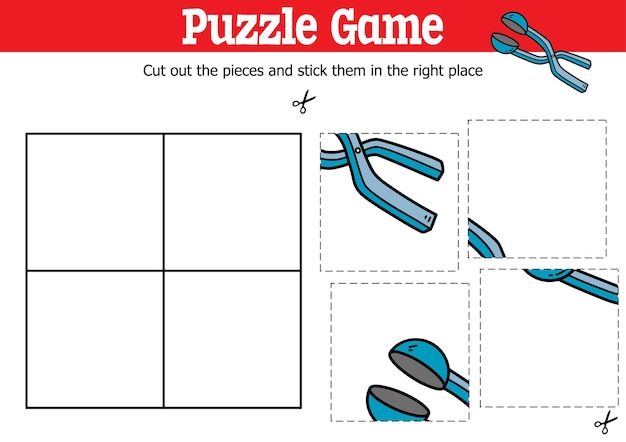 Educational kids puzzle game to cut and stick pieces with doodle snowball thrower