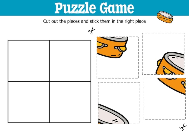 Educational kids puzzle game to cut and stick pieces with doodle tambourine