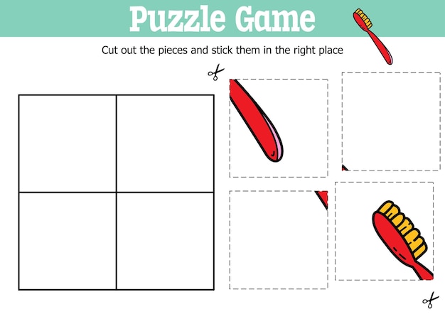 educational kids puzzle game to cut and stick pieces with doodle toothbrush