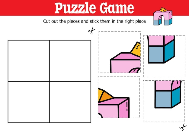 educational kids puzzle game to cut and stick pieces with doodle wooden block