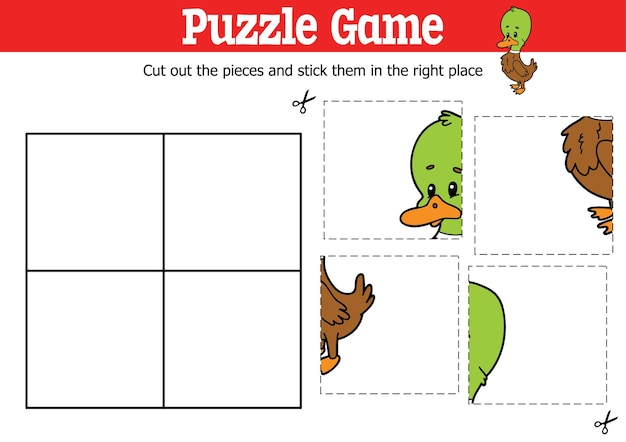 educational kids puzzle game to cut and stick pieces with wild duck cartoon character